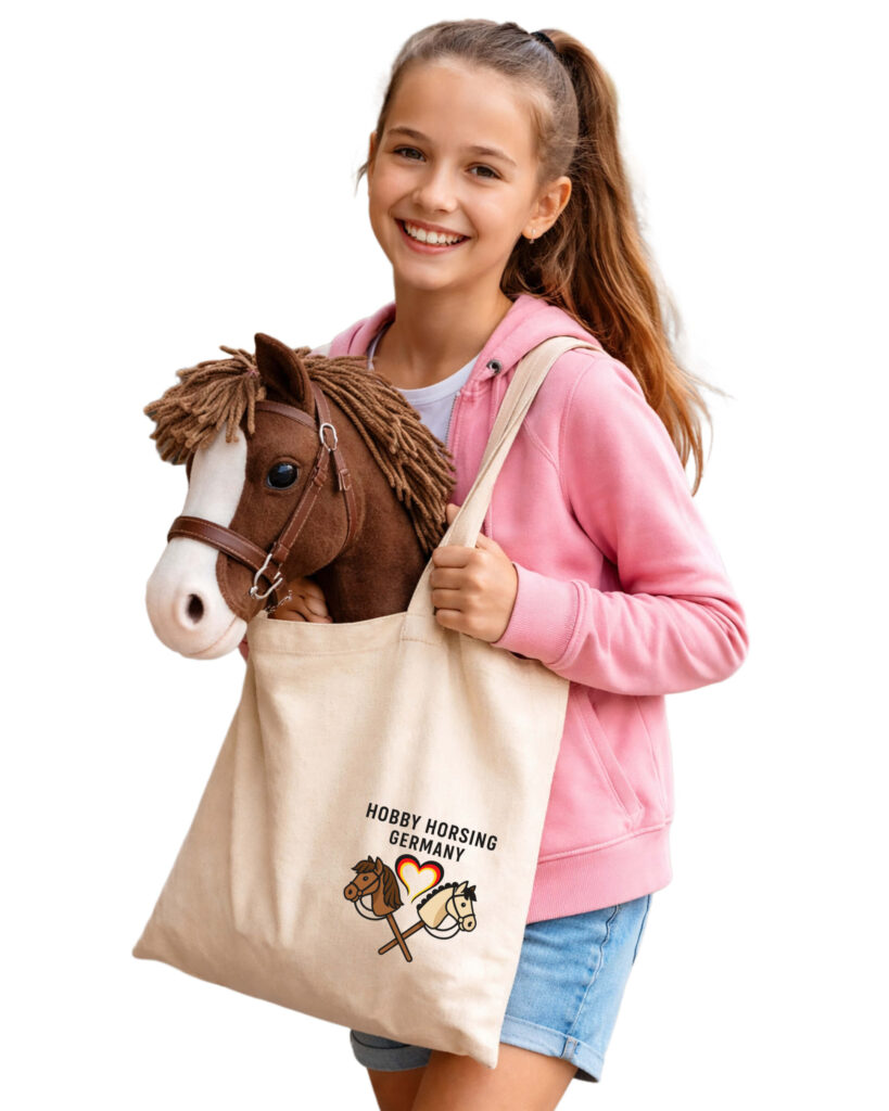 Foto zeigt ein Mädchen mit einem Artikel vom Hobby Horsing Germany Marktplatz
